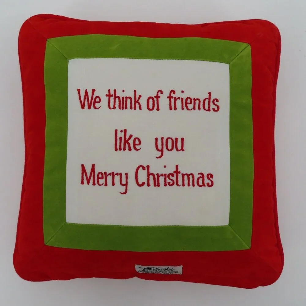 VTG Silvestri Merry Christmas Embroidered Green Red Square Holiday Throw Pillow